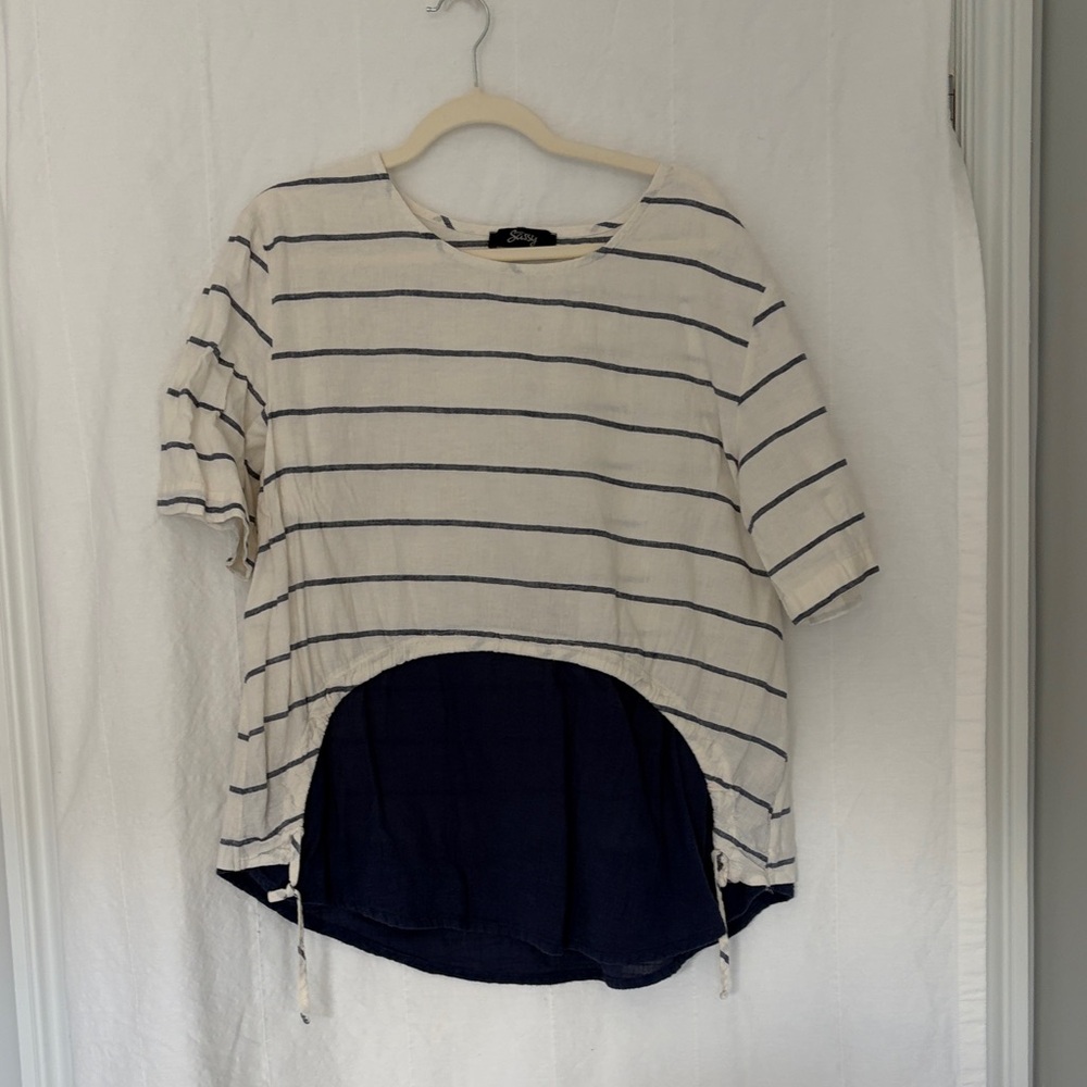 Striped Drawstring Layered Top in Cream and Navy - Picture 2 of 5